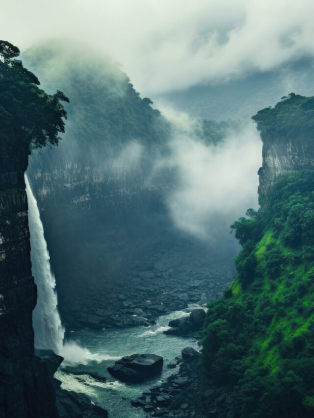 Meaghalaya's Monsoon Symphony: Cherrapunji Waterfalls in Rainy Splendor